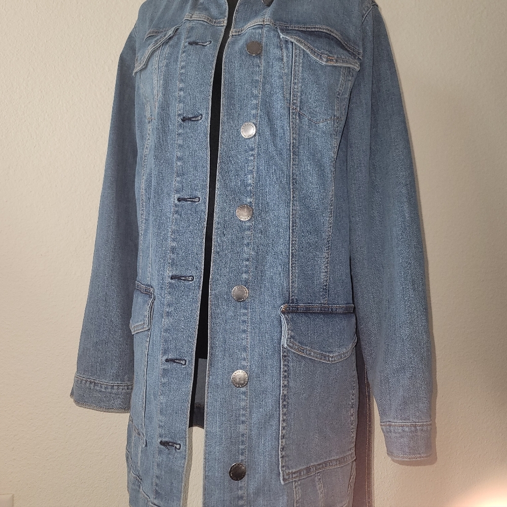 Lane Bryant Long Denim Jean Jacket Trench Coat Style Sz 14 - Picture 2 of 12
